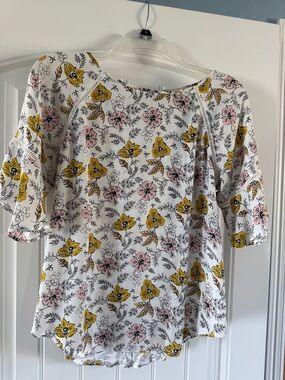 LOFT White Floral Blouse with Yellow and Pink Flowers